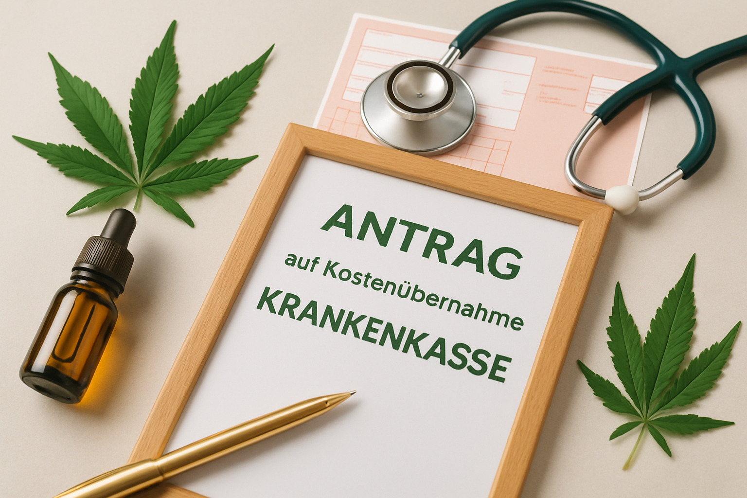 Antrag auf Cannabis Kostenübernahme bei der Krankenkasse stellen - Formular mit Stethoskop